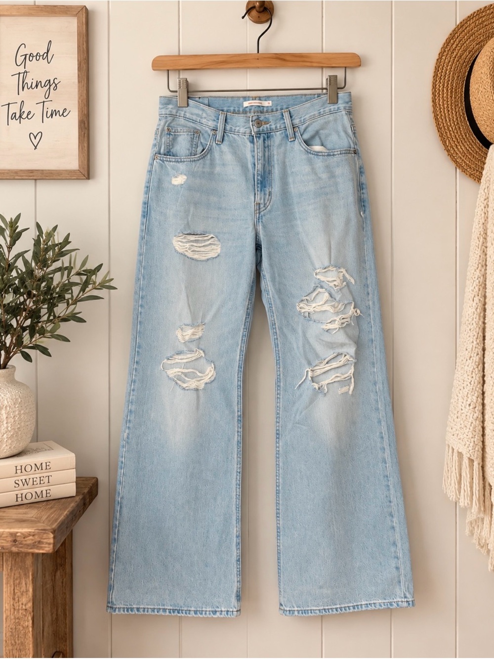 Levi's Light Blue Distressed Loose Bootcut Jeans for Women